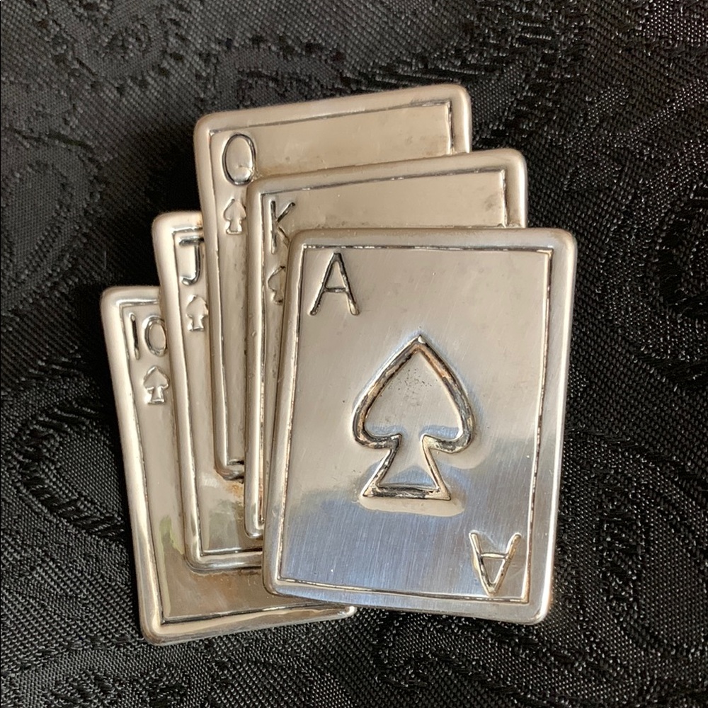 Silver Tone Royal Flush Playing Card Brooch/Pendant